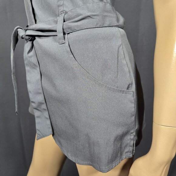 Y2K Belted Button Up Shirt Blouse Size M Grey Fitted Short Sleeve Utility Grunge - Picture 5 of 9